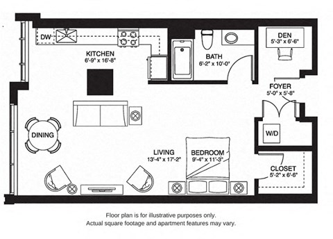 Floor plan for studio, 1 bath, 752 sqft